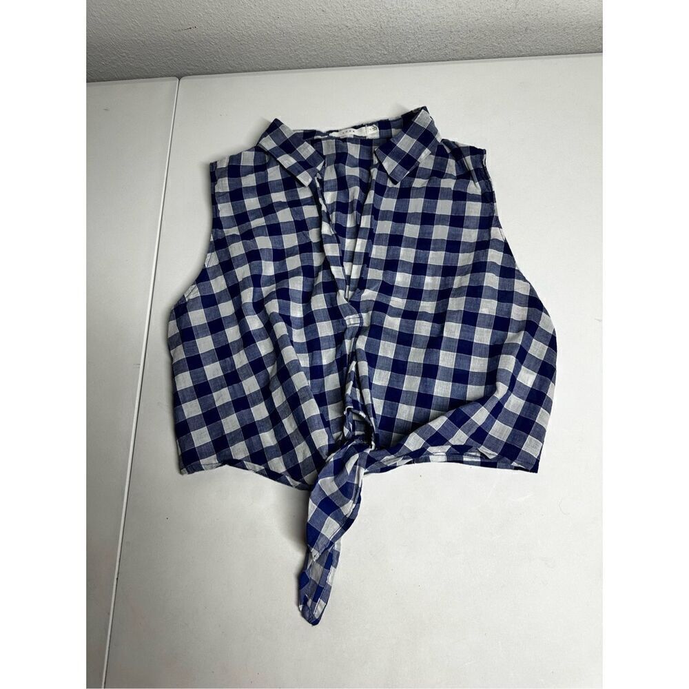 Lush Checkered Gingham Tie Bottom Sleeveless Crop Top Size M Cotton Blue White